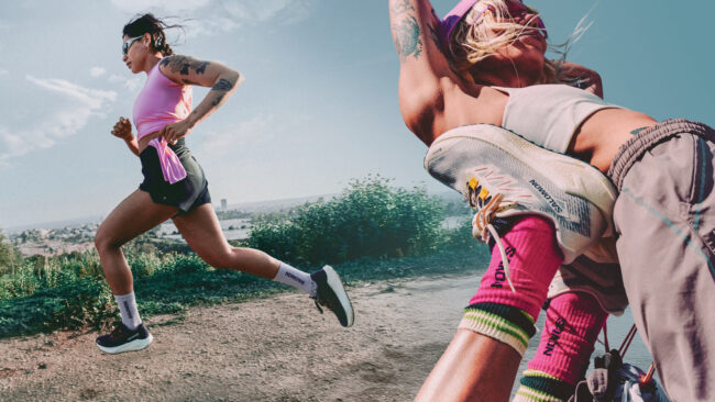Composizione di foto che ritraggono persone con indosso le scarpe da gravel running Salomon Aero Blaze 3 Grvl